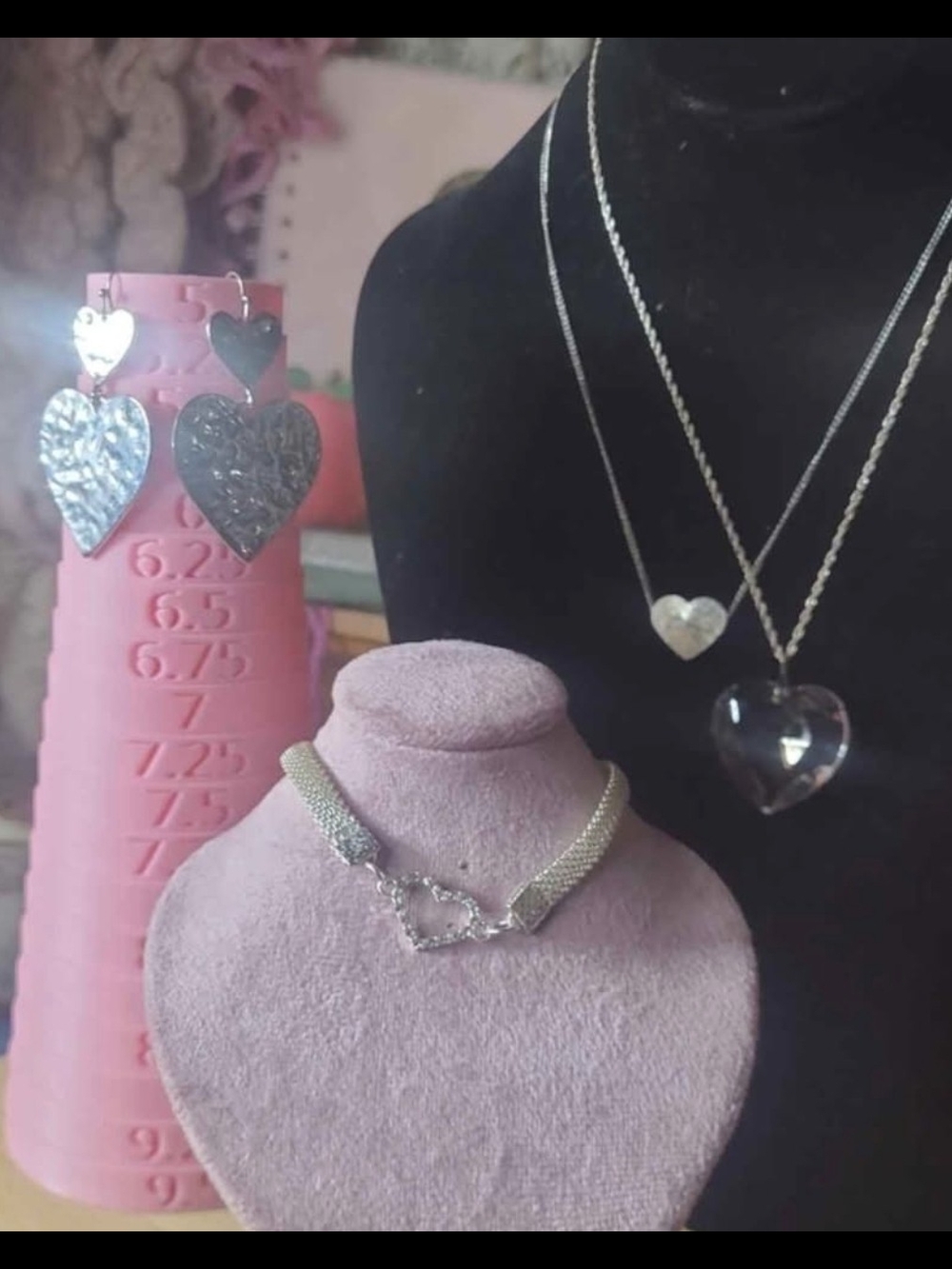 Y2K Silver Heart Jewelry Lot Layered Necklaces Mesh Bracelet Drop Earrings